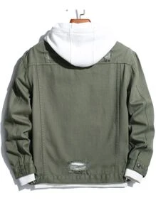 Manfinity 男士破洞翻蓋口袋牛仔夾克無連帽衫 - 軍綠色 - 查看 2