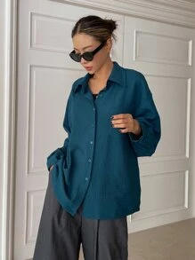 DAZY Áo sơ mi vá túi trễ vai, quần áo nữ mùa thu - Màu xanh ngọc - Xem 3