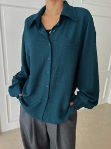 DAZY Áo sơ mi vá túi trễ vai, quần áo nữ mùa thu - Màu xanh ngọc - Xem 5