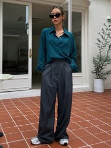 DAZY Áo sơ mi vá túi trễ vai, quần áo nữ mùa thu - Màu xanh ngọc - Xem 6