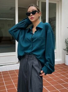 DAZY Áo sơ mi vá túi trễ vai, quần áo nữ mùa thu - Màu xanh ngọc - Xem 7