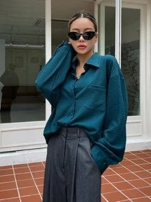 DAZY Áo sơ mi vá túi trễ vai, quần áo nữ mùa thu - Màu xanh ngọc - Xem 8