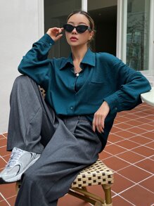 DAZY Áo sơ mi vá túi trễ vai, quần áo nữ mùa thu - Màu xanh ngọc - Xem 9
