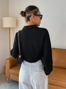 DAZY 翻盖细节弧形下摆短款衬衫、长袖上衣、秋季学院风上衣