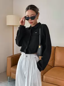 DAZY 翻盖细节弧形下摆短款衬衫、长袖上衣、秋季学院风上衣