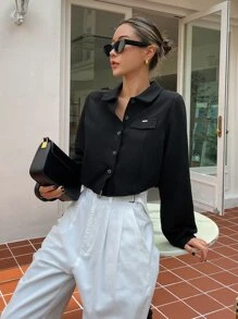 DAZY 翻盖细节弧形下摆短款衬衫、长袖上衣、秋季学院风上衣