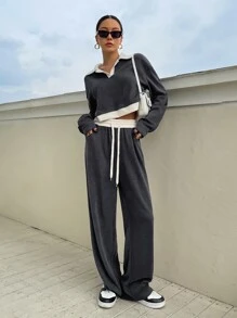 DAZY Bộ đồ thể thao nữ gồm áo sweatshirt và quần dài tay cổ bẻ phối màu tương phản, kiểu dáng rộng rãi, thích hợp mặc nhà vào mùa thu. - Màu xám đen - Xem 1