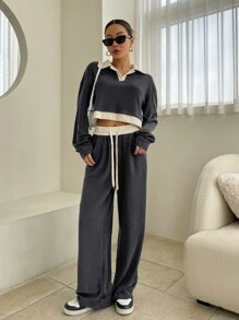 DAZY Bộ đồ thể thao nữ gồm áo sweatshirt và quần dài tay cổ bẻ phối màu tương phản, kiểu dáng rộng rãi, thích hợp mặc nhà vào mùa thu. - Màu xám đen - Xem 4