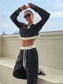 DAZY Bộ đồ thể thao nữ gồm áo sweatshirt và quần dài tay cổ bẻ phối màu tương phản, kiểu dáng rộng rãi, thích hợp mặc nhà vào mùa thu. - Màu xám đen - Xem 5