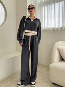 DAZY Bộ đồ thể thao nữ gồm áo sweatshirt và quần dài tay cổ bẻ phối màu tương phản, kiểu dáng rộng rãi, thích hợp mặc nhà vào mùa thu. - Màu xám đen - Xem 6