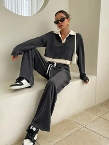 DAZY Bộ đồ thể thao nữ gồm áo sweatshirt và quần dài tay cổ bẻ phối màu tương phản, kiểu dáng rộng rãi, thích hợp mặc nhà vào mùa thu. - Màu xám đen - Xem 3