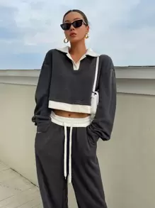 DAZY Bộ đồ thể thao nữ gồm áo sweatshirt và quần dài tay cổ bẻ phối màu tương phản, kiểu dáng rộng rãi, thích hợp mặc nhà vào mùa thu. - Màu xám đen - Xem 7