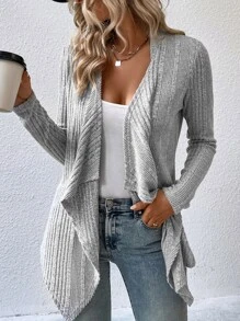 SHEIN LUNE Waterfall Collar Open Front Coat - Light Grey - View 4