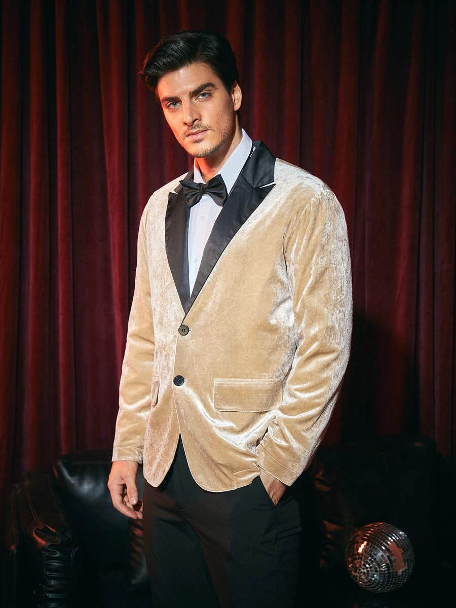 Manfinity Men Contrast Lapel Collar Velvet Blazer - Apricot - View 1