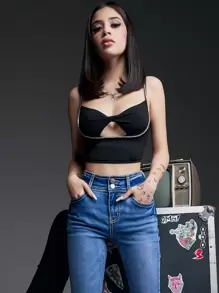 SHEIN Rhinestone Cutout Twist Front Crop Cami Top - Black - View 1