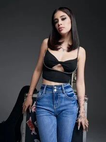 SHEIN Rhinestone Cutout Twist Front Crop Cami Top - Black - View 3