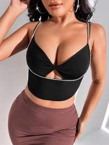 SHEIN Rhinestone Cutout Twist Front Crop Cami Top - Black - View 7