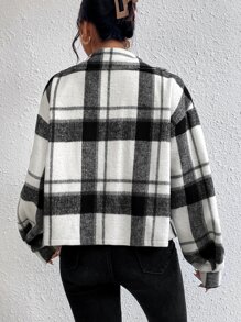 SHEIN EZwear 秋冬格纹翻盖落肩大衣 - 黑與白 - 查看 2