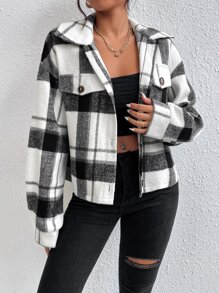 SHEIN EZwear 秋冬格纹翻盖落肩大衣 - 黑與白 - 查看 3