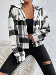 SHEIN EZwear 秋冬格纹翻盖落肩大衣 - 黑與白 - 查看 4