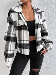 SHEIN EZwear 秋冬格纹翻盖落肩大衣 - 黑與白 - 查看 5