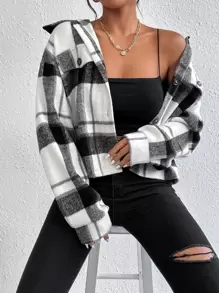 SHEIN EZwear 秋冬格纹翻盖落肩大衣 - 黑與白 - 查看 6