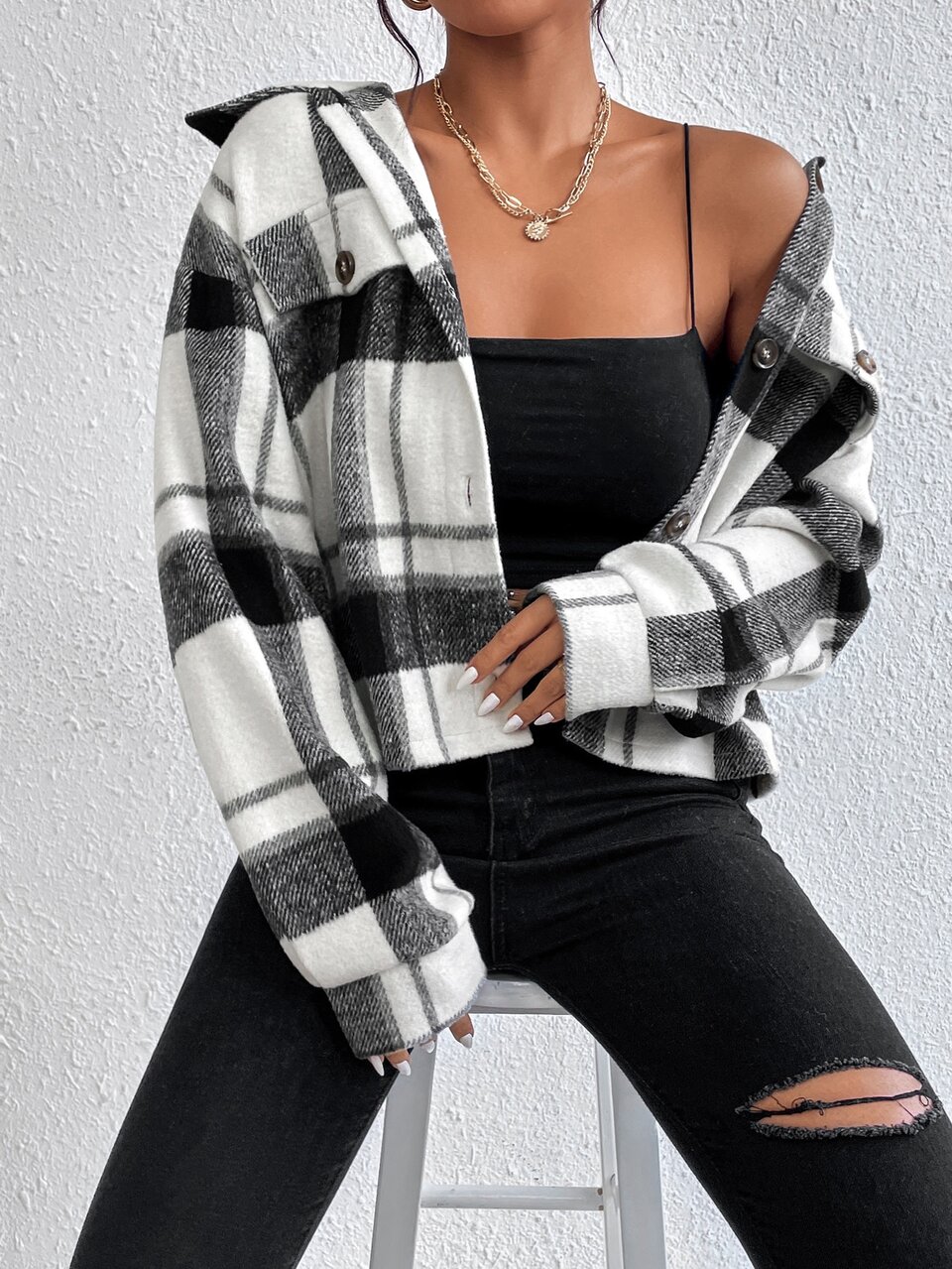 Plaid Flap Detail Drop Shoulder Overcoat In Fall/Winter