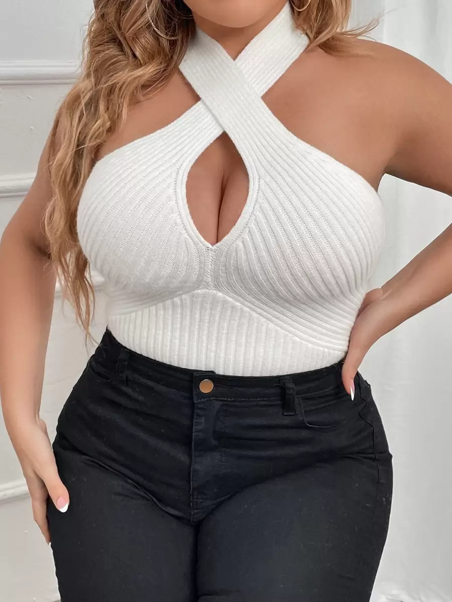 SHEIN Unity 大碼十字交叉露背吊脖針織上衣