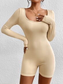 SHEIN Essnce 素色大圓領彈力緊身連體短褲 - 米色 - 查看 5