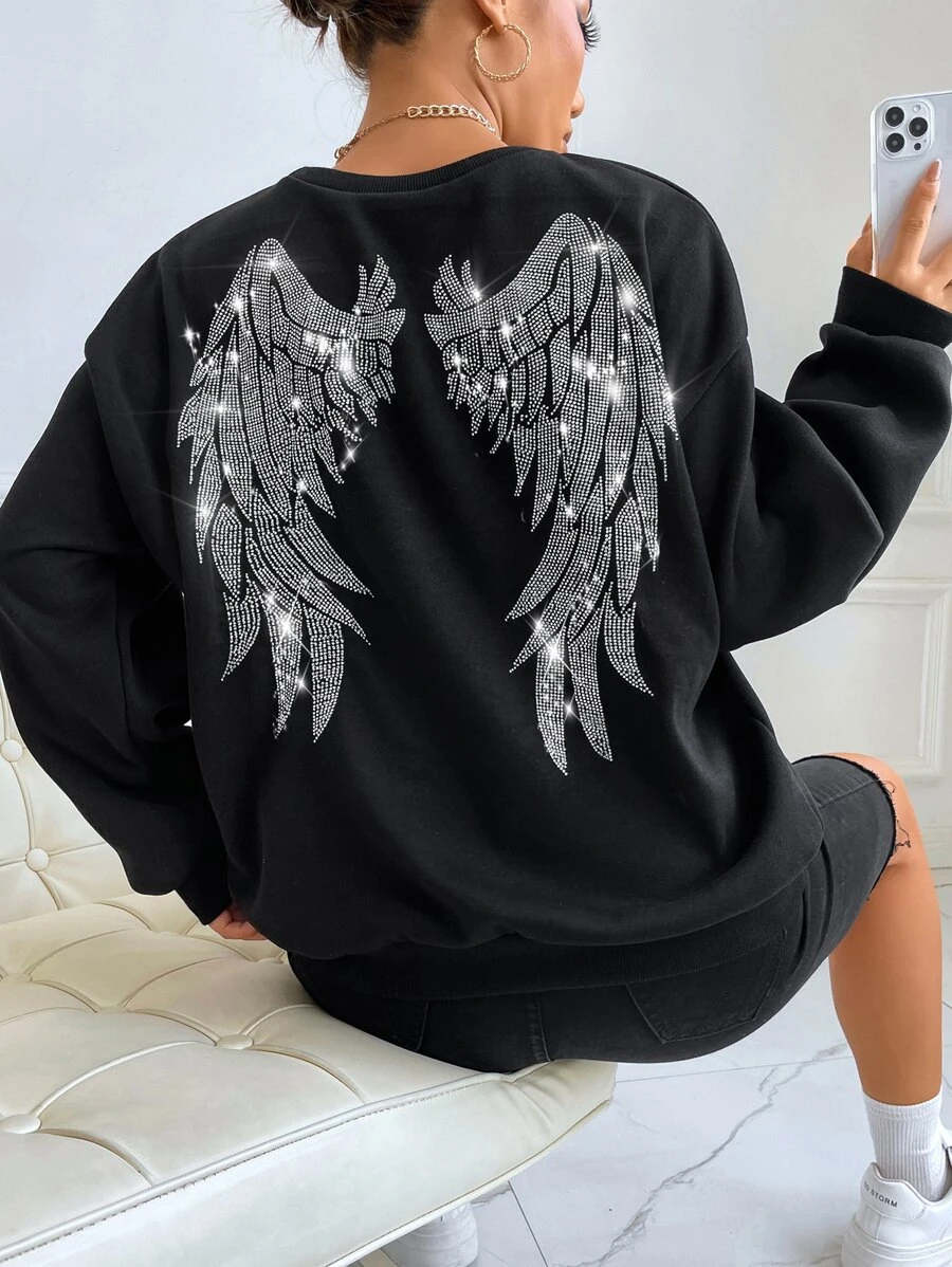 SHEIN EZwear Rhinestone Wing Drop Shoulder Sweatshirt,Long Sleeve Tops In Fall/Winter - Black - View 1