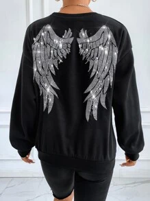 SHEIN EZwear Rhinestone Wing Drop Shoulder Sweatshirt,Long Sleeve Tops In Fall/Winter - Black - View 3