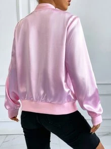 SHEIN Qutie 拉鏈開襟緞面飛行員夾克 - 粉色 - 查看 2