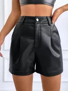 SHEIN EZwear 女式夏季高腰弹力卷边 PU 短裤带斜口袋 - 黑色 - 查看 1