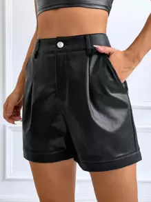 SHEIN EZwear 女式夏季高腰弹力卷边 PU 短裤带斜口袋 - 黑色 - 查看 6