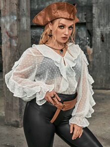 SHEIN Unity Plus Flounce Sleeve Ruffle Trim Swiss Dot Blouse Without Bra - White - View 3