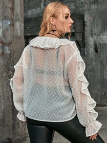 SHEIN Unity Plus Flounce Sleeve Ruffle Trim Swiss Dot Blouse Without Bra - White - View 4