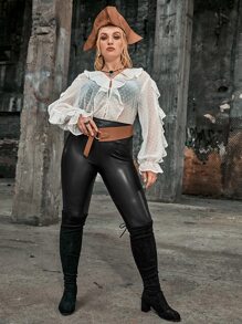 SHEIN Unity Plus Flounce Sleeve Ruffle Trim Swiss Dot Blouse Without Bra - White - View 5