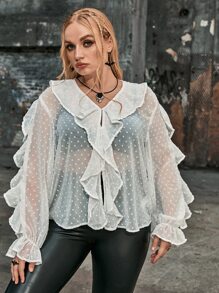 SHEIN Unity Plus Flounce Sleeve Ruffle Trim Swiss Dot Blouse Without Bra - White - View 7