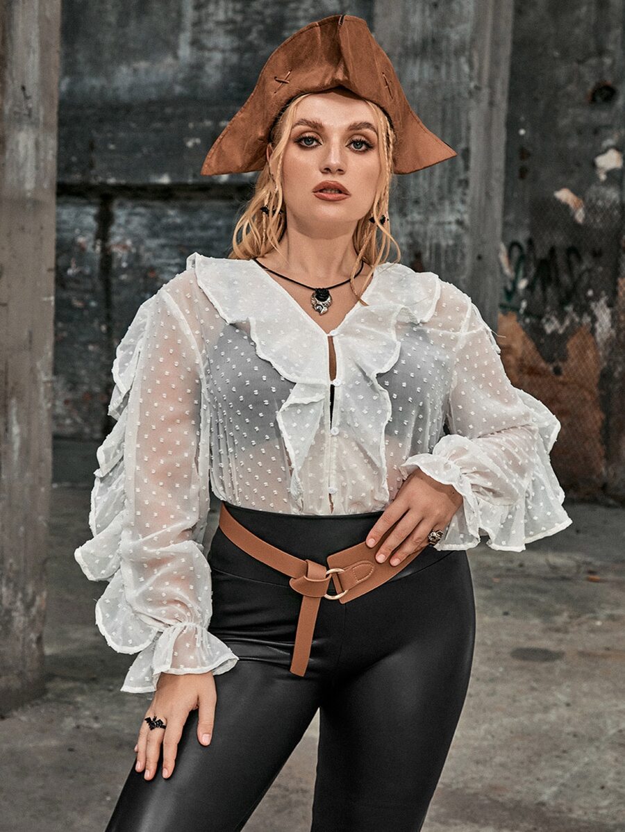 SHEIN Unity Plus Flounce Sleeve Ruffle Trim Swiss Dot Blouse Without Bra - White - View 1