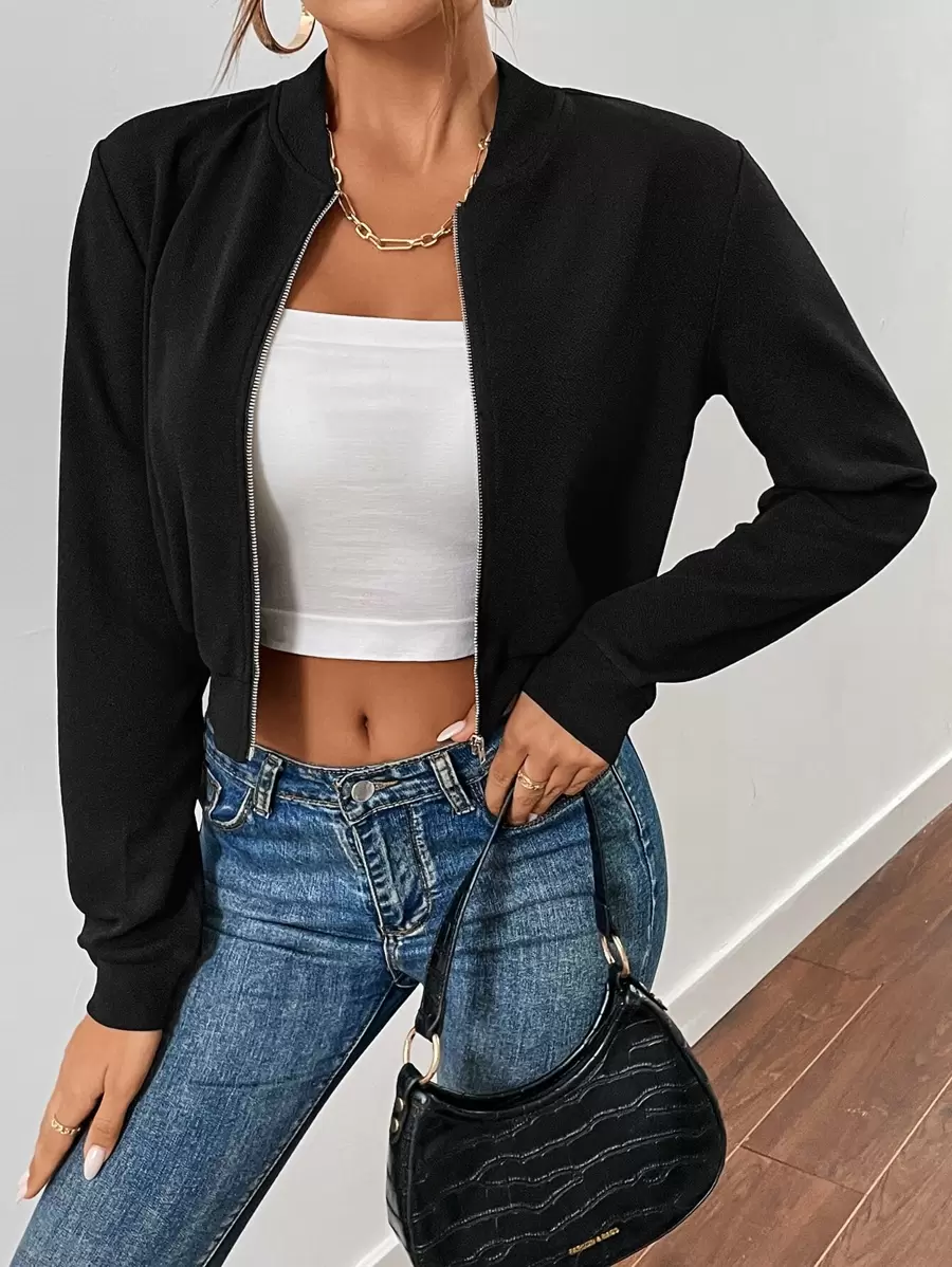 SHEIN EZwear Women's Summer Casual Black Zip Up Crop Bomber Jacket In Fall/Winter - Black - View 1