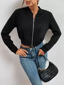 SHEIN EZwear Women's Summer Casual Black Zip Up Crop Bomber Jacket In Fall/Winter - Black - View 3