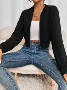 SHEIN EZwear Women's Summer Casual Black Zip Up Crop Bomber Jacket In Fall/Winter - Black - View 6