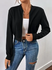 SHEIN EZwear Women's Summer Casual Black Zip Up Crop Bomber Jacket In Fall/Winter - Black - View 4