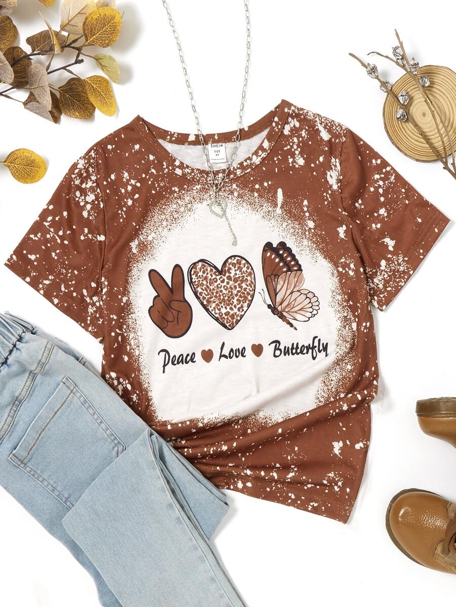 SHEIN Girls Letter & Heart Print Tee - Brown - View 1
