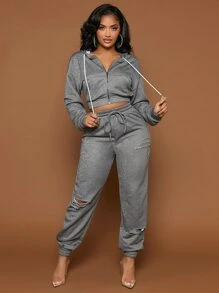 SHEIN SXY Zip Up Drop Shoulder Drawstring Crop Hoodie - Grey - View 4