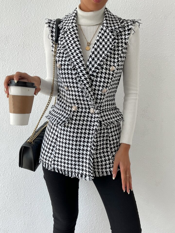 BizChic Houndstooth Print Double Breasted Vest Blazer