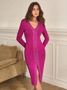 SHEIN Frenchy Guipure Lace Insert Split Thigh Bodycon Dress - Red Violet - View 2