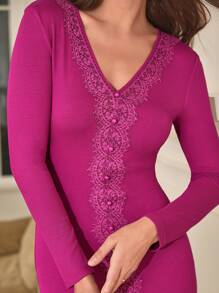 SHEIN Frenchy Guipure Lace Insert Split Thigh Bodycon Dress - Red Violet - View 3