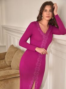 SHEIN Frenchy Guipure Lace Insert Split Thigh Bodycon Dress - Red Violet - View 8
