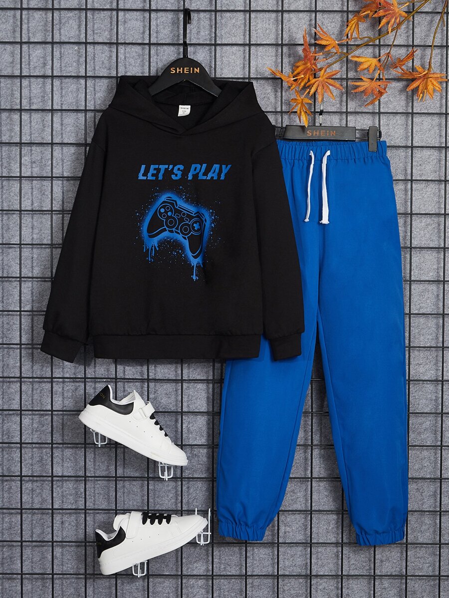 SHEIN Boys Gamepad & Slogan Graphic Hoodie & Drawstring Waist Joggers - Multicolor - View 1
